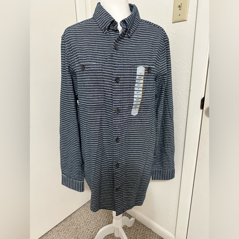 Duluth Men’s Free Swinging Abyss Blue Stripe Flannel Slim Fit Shirt NWT $54.50 M